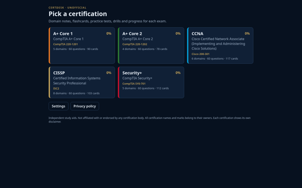 CertDesk landing page: pick a certification